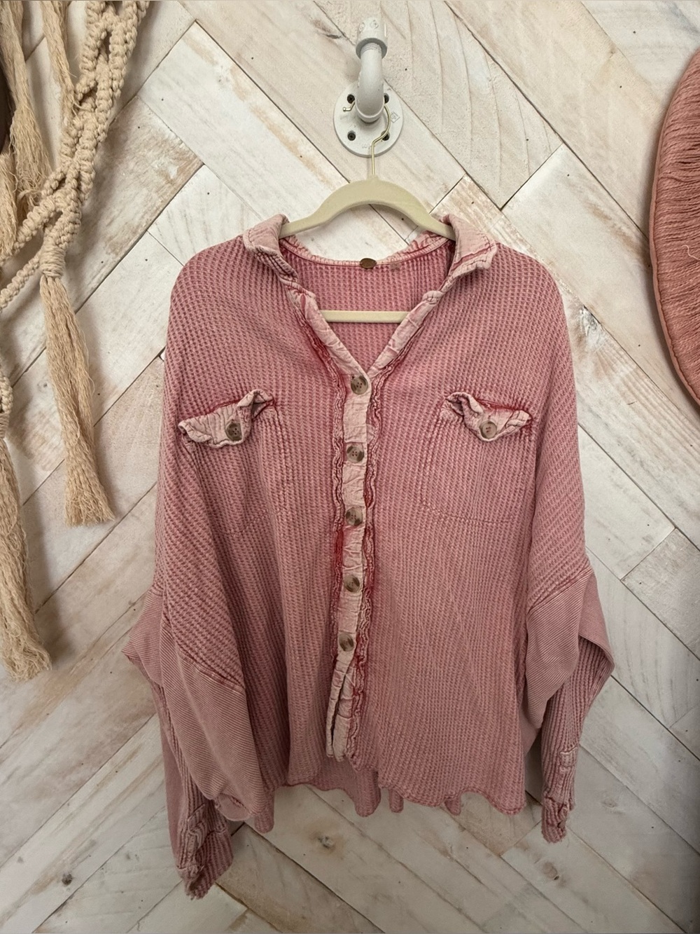 Free People Dusty Rose Waffle Button-Down Shirt